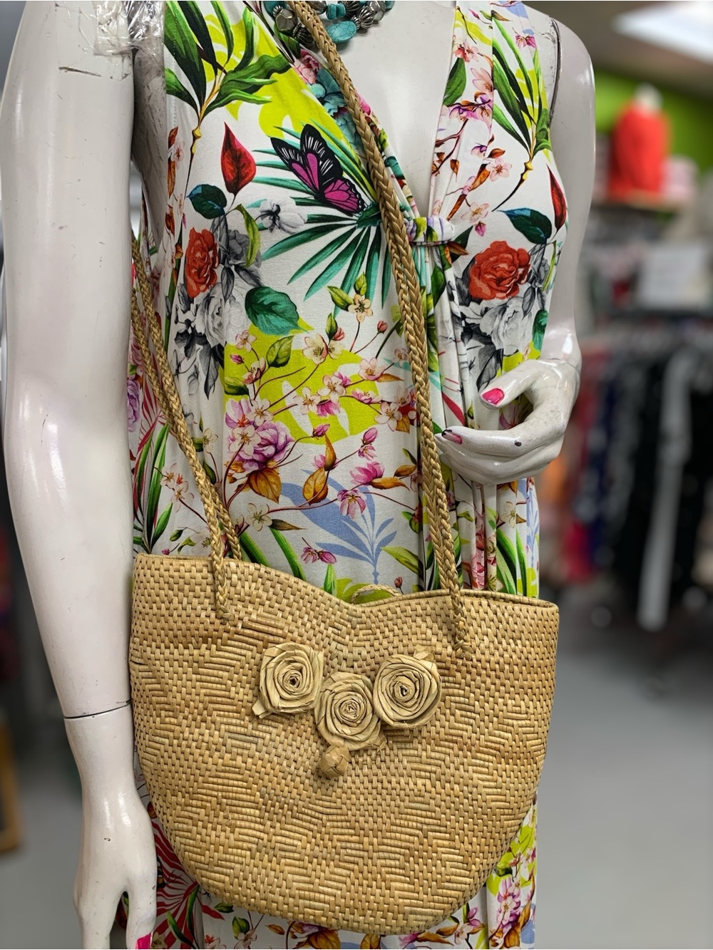 Woven Straw Tote Bag with Rosette Detail - Natural